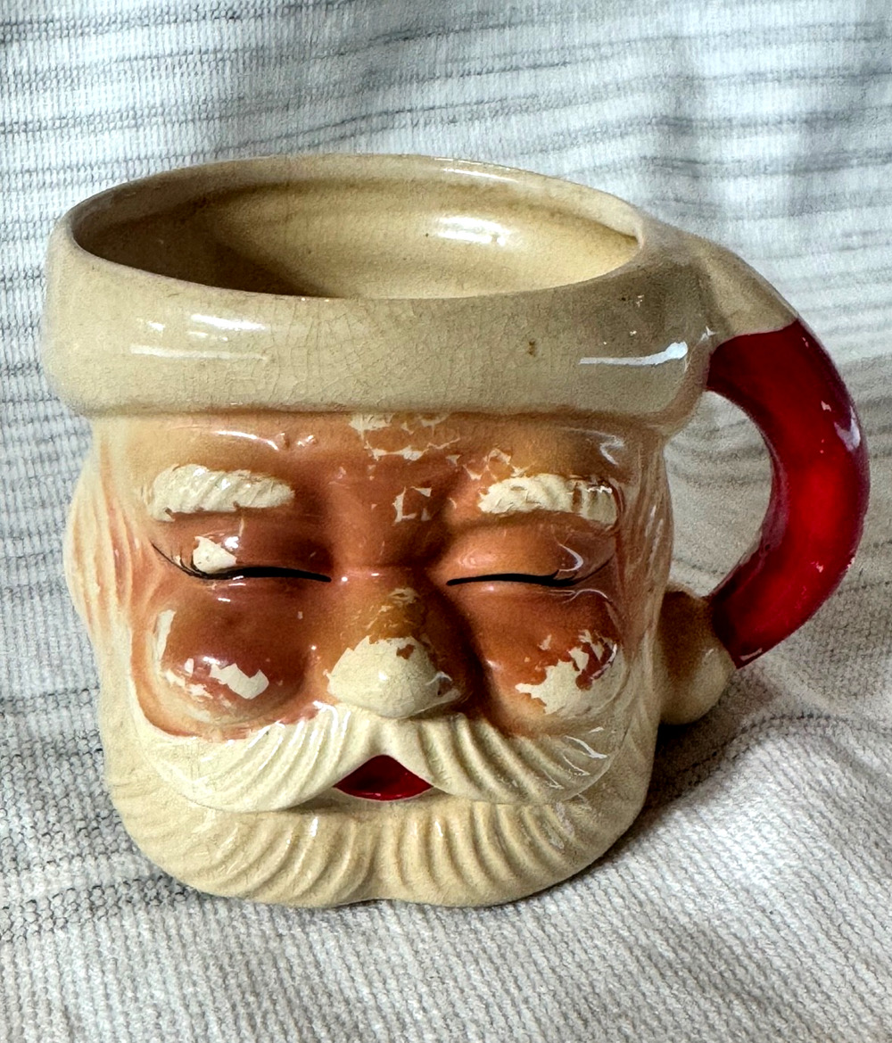 Vintage Santa Mug 1960-1970s Crackle Finish & Faded Paint Retro Christmas Decor